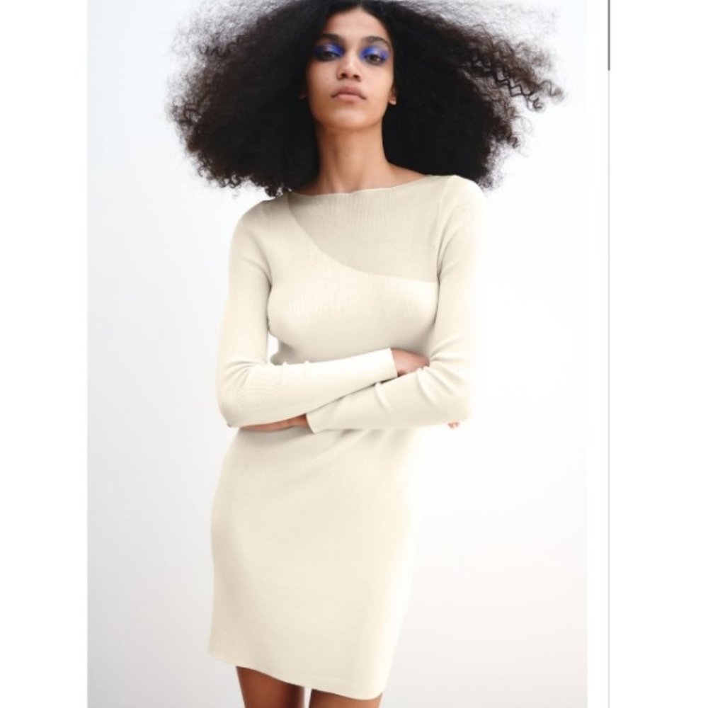 NWT Mini Knit Ecru Cream Mesh shoulder detail Dress.